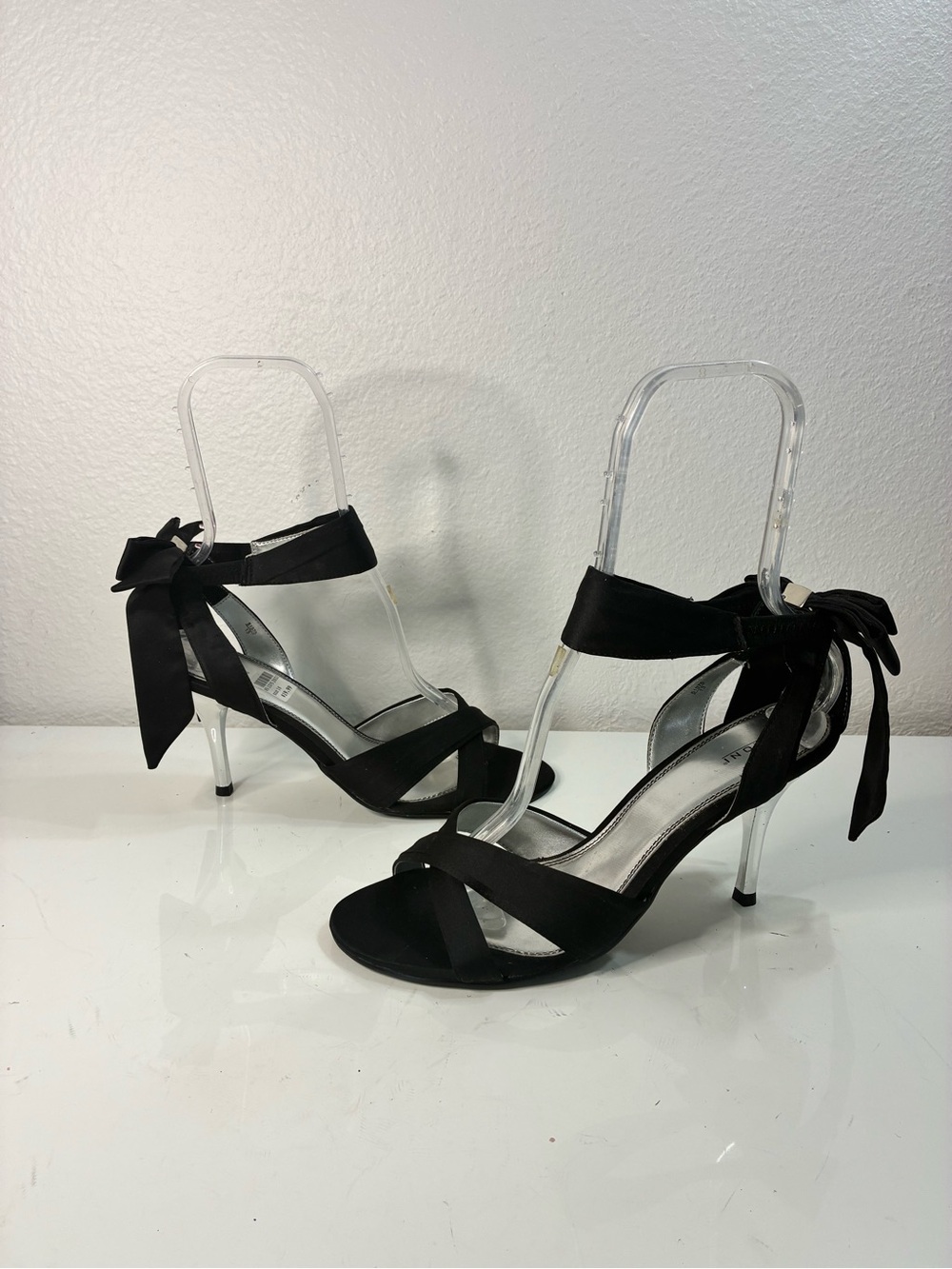 FIONI 10 Black Satin Bow Stiletto Sandals with Silver Mirrored Heel & Footbed